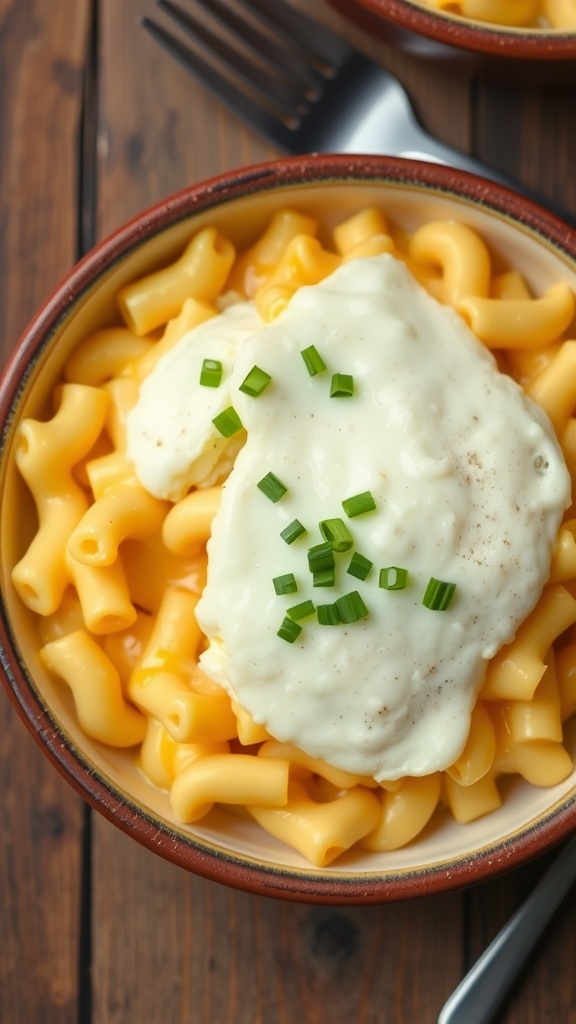 A bowl of mac and cheese with scrambled eggs, garnished with chives, on a wooden table.